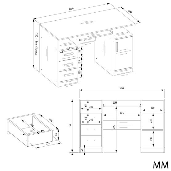 PSACÍ STŮL DELTA BÍLÝ 120 cm 3 Zásuvky Skříňka Police Do Kanceláře Pokoj Na Notebook