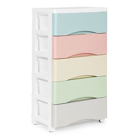 Regál s 5 výsuvnými zásuvkami, nohy s kolečky, barevné zásuvky ModernHome