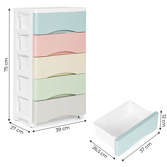 Regál s 5 výsuvnými zásuvkami, nohy s kolečky, barevné zásuvky ModernHome