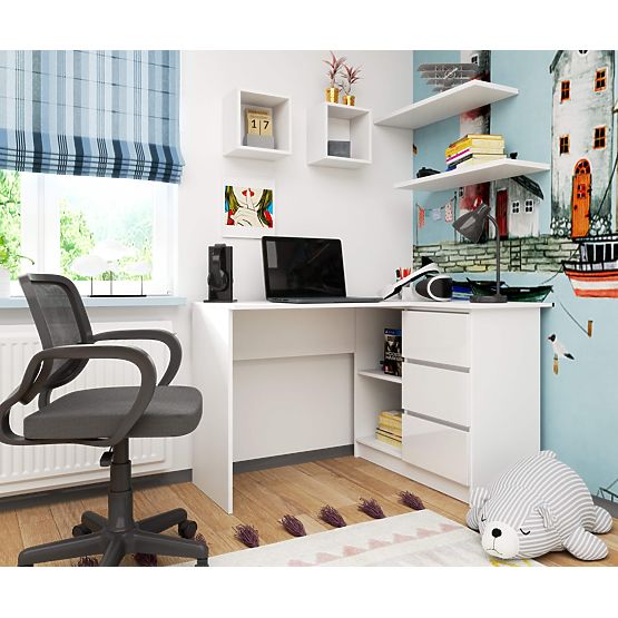 ROHOVÝ PSACÍ STŮL B16 124 cm PRAVÝ 3 ZÁSUVKY PK BÍLÝ / BÍLÝ LESK