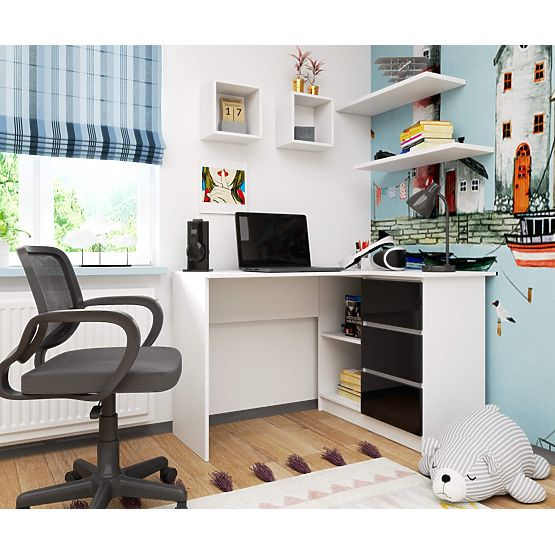 ROHOVÝ PSACÍ STŮL B16 124 cm PRAVÝ 3 ZÁSUVKY PK BÍLÝ / ČERNÝ LESK