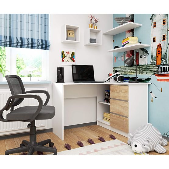 ROHOVÝ STŮL B16 124 cm PRAVÝ 3 ZÁSUVKY PK BÍLÁ / SONOMA