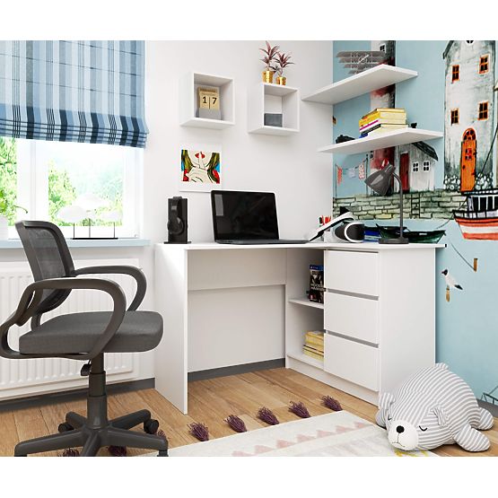 ROHOVÝ STŮL B16 124 cm PRAVÝ 3 ZÁSUVKY PK BÍLÝ