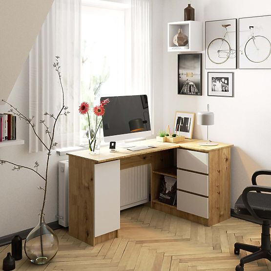 Rohový stůl B20 155 cm pravý - PK dub artisan-bílý - 3 zásuvky