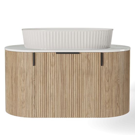 Sada skříňka s deskou a umyvadlem La simplicite 80 cm, drážkovaná, zaoblená, Glit White/dub
