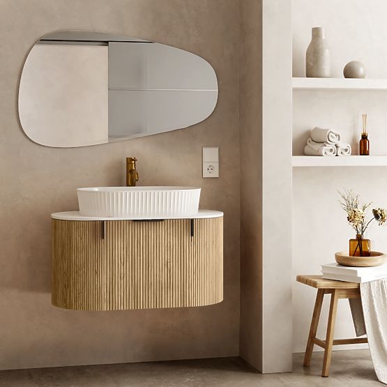 Sada skříňka s deskou a umyvadlem La simplicite 80 cm, drážkovaná, zaoblená, Glit White/dub
