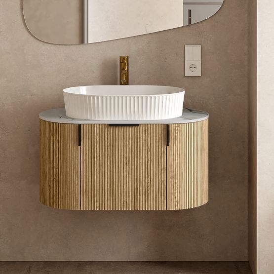 Sada skříňka s deskou a umyvadlem La simplicite 80 cm, drážkovaná, zaoblená, Glit White/dub