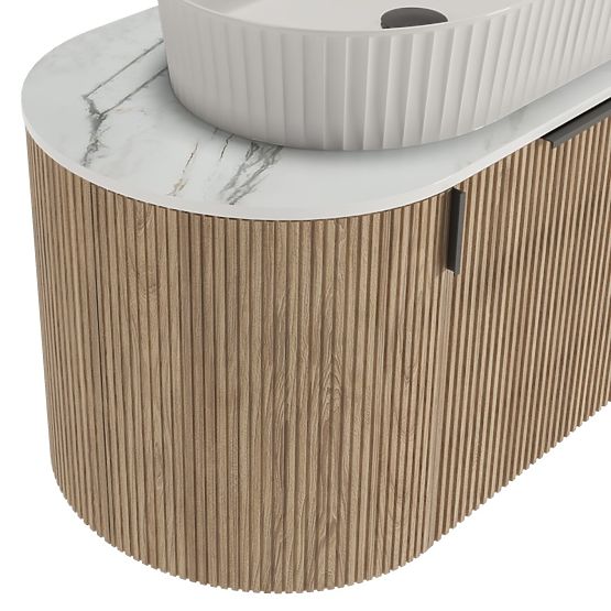 Sada skříňka s deskou a umyvadlem La simplicite 80 cm, drážkovaná, zaoblená, Glit White/dub