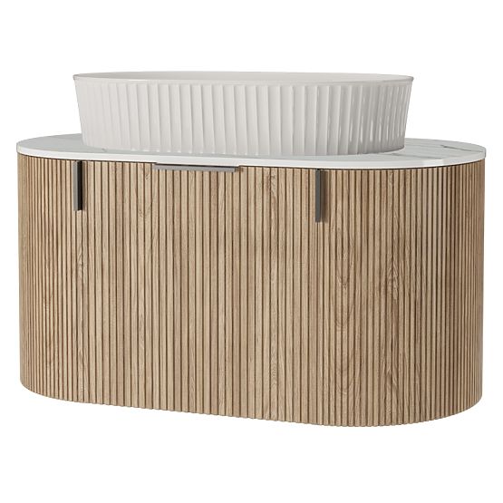 Sada skříňka s deskou a umyvadlem La simplicite 80 cm, drážkovaná, zaoblená, Glit White/dub