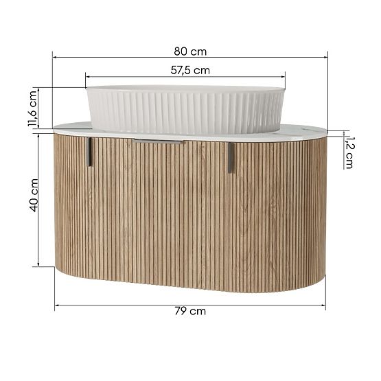 Sada skříňka s deskou a umyvadlem La simplicite 80 cm, drážkovaná, zaoblená, Glit White/dub