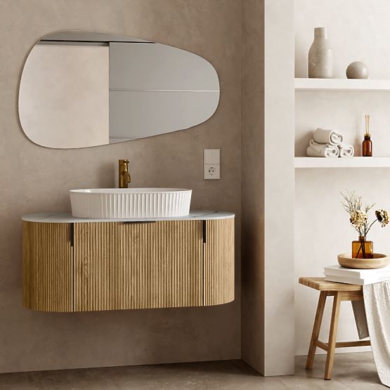 Sada skříňky s deskou a umyvadlem La simplicite 100 cm, rýhovaná, zaoblená, Glit White/dub