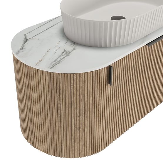 Sada skříňky s deskou a umyvadlem La simplicite 100 cm, rýhovaná, zaoblená, Glit White/dub
