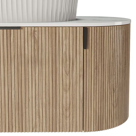 Sada skříňky s deskou a umyvadlem La simplicite 100 cm, rýhovaná, zaoblená, Glit White/dub