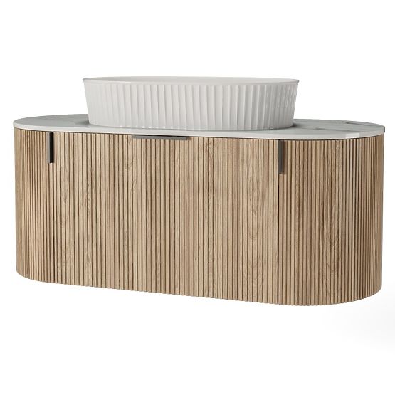 Sada skříňky s deskou a umyvadlem La simplicite 100 cm, rýhovaná, zaoblená, Glit White/dub