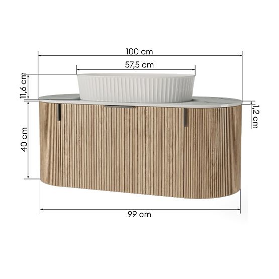 Sada skříňky s deskou a umyvadlem La simplicite 100 cm, rýhovaná, zaoblená, Glit White/dub