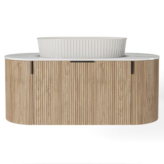 Sada skříňky s deskou a umyvadlem La simplicite 100 cm, rýhovaná, zaoblená, Glit White/dub