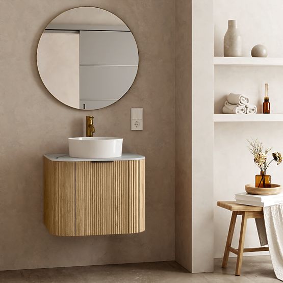 Sada skříňky s deskou a umyvadlem Matinale 60 cm, rýhovaná, zaoblená, Glit White/akácie
