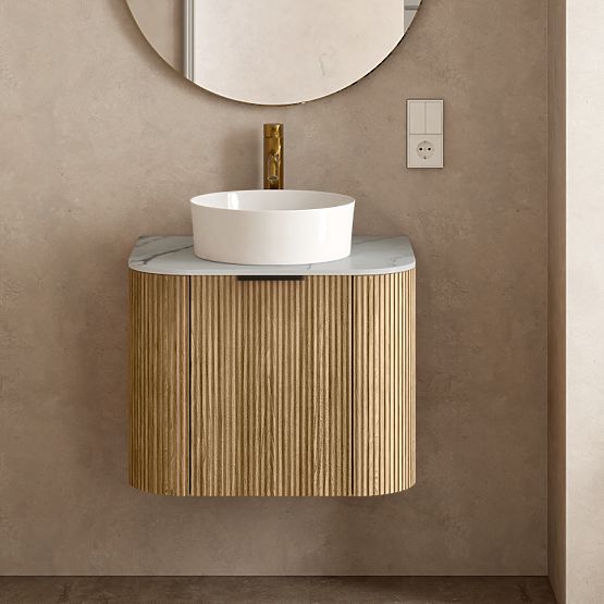 Sada skříňky s deskou a umyvadlem Matinale 60 cm, rýhovaná, zaoblená, Glit White/akácie