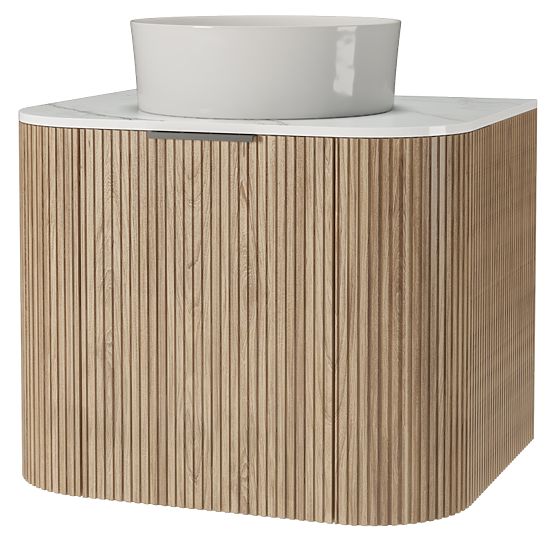 Sada skříňky s deskou a umyvadlem Matinale 60 cm, rýhovaná, zaoblená, Glit White/akácie