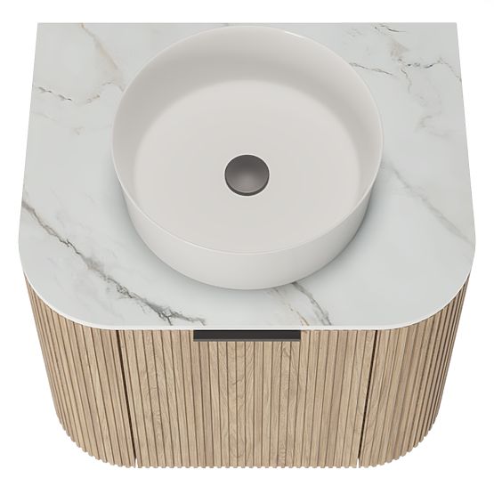 Sada skříňky s deskou a umyvadlem Matinale 60 cm, rýhovaná, zaoblená, Glit White/akácie