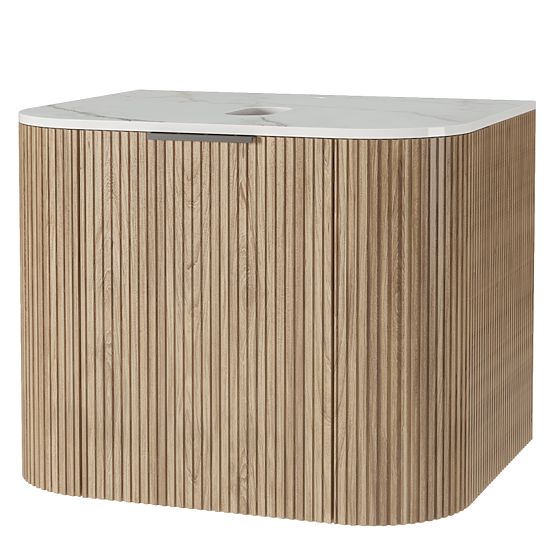 Sada skříňky s deskou a umyvadlem Matinale 60 cm, rýhovaná, zaoblená, Glit White/akácie