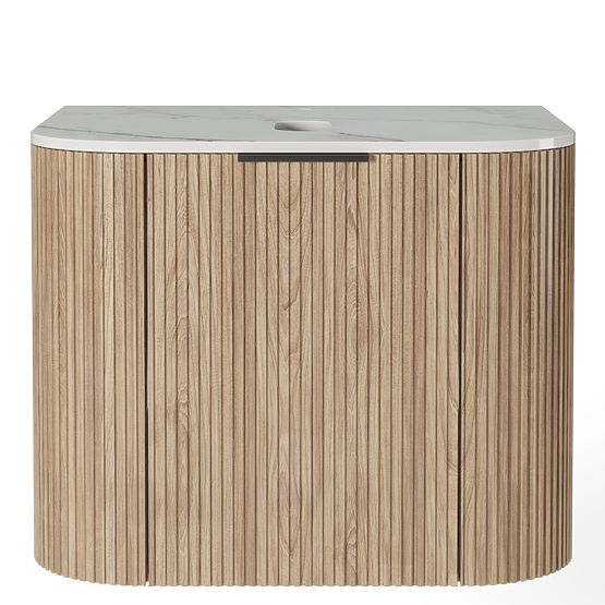 Sada skříňky s deskou a umyvadlem Matinale 60 cm, rýhovaná, zaoblená, Glit White/akácie