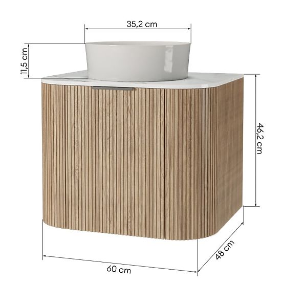 Sada skříňky s deskou a umyvadlem Matinale 60 cm, rýhovaná, zaoblená, Glit White/akácie