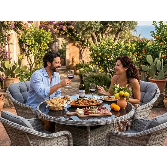 Sada stolního nábytku z technoratanu (4 křesla + kulatý stůl) MODERNO světle šedá