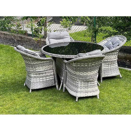 Sada stolního nábytku z technoratanu (4 křesla + kulatý stůl) MODERNO světle šedá