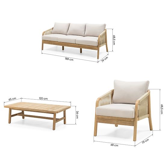 Sada zahradního nábytku Castello, pletenina, akátové dřevo FSC, teakový vzhled, béžová