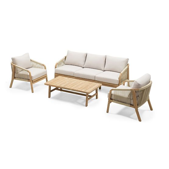 Sada zahradního nábytku Castello, pletenina, akátové dřevo FSC, teakový vzhled, béžová