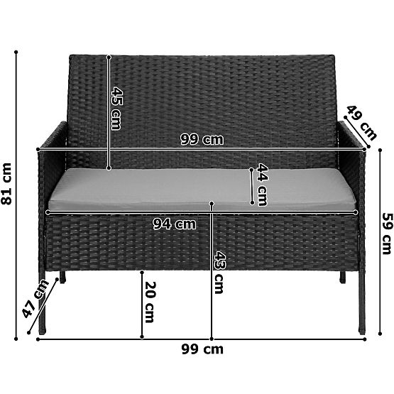 Sada zahradního nábytku z technoratanu MAGNOLIA černá se šedými polštáři