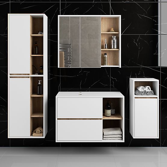 SADA ZÁVĚSNÉHO KOUPELNOVÉHO NÁBYTKU S OTVORY VAMI BÍLÁ / DUB SONOMA