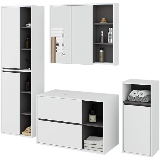 SADA ZÁVĚSNÉHO KOUPELNOVÉHO NÁBYTKU S OTVORY VAMI BÍLÁ / GRAFITOVÁ ŠEDÁ