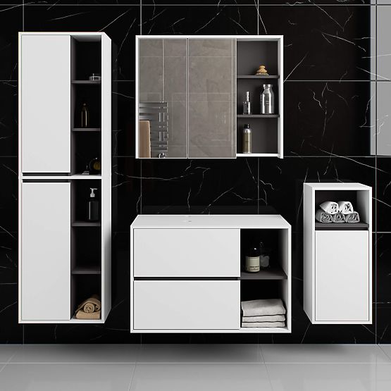 SADA ZÁVĚSNÉHO KOUPELNOVÉHO NÁBYTKU S OTVORY VAMI BÍLÁ / GRAFITOVÁ ŠEDÁ