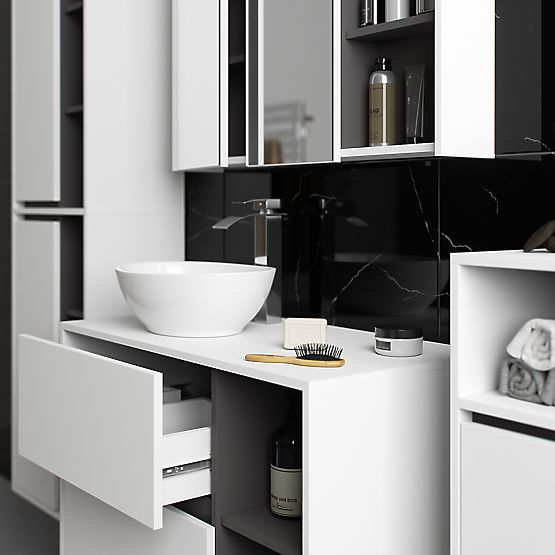 SADA ZÁVĚSNÉHO KOUPELNOVÉHO NÁBYTKU S OTVORY VAMI BÍLÁ / GRAFITOVÁ ŠEDÁ