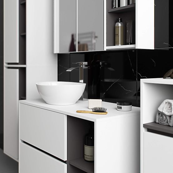 SADA ZÁVĚSNÉHO KOUPELNOVÉHO NÁBYTKU S OTVORY VAMI BÍLÁ / GRAFITOVÁ ŠEDÁ