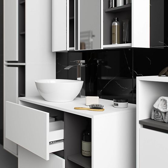 SADA ZÁVĚSNÉHO KOUPELNOVÉHO NÁBYTKU S OTVORY VAMI BÍLÁ / GRAFITOVÁ ŠEDÁ