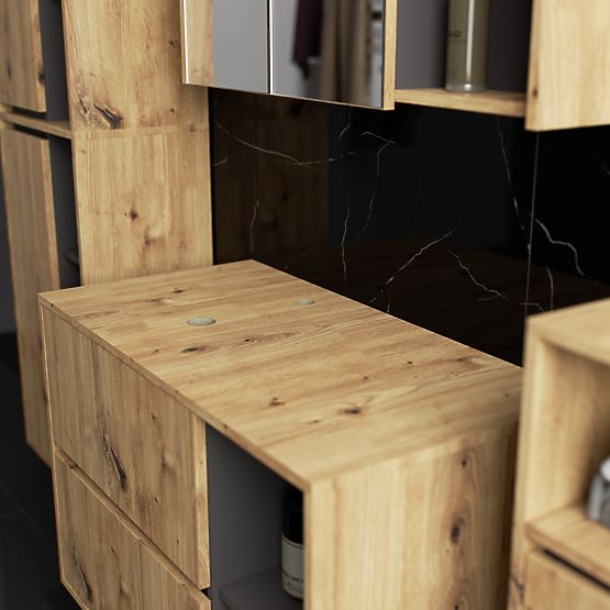 SADA ZÁVĚSNÉHO KOUPELNOVÉHO NÁBYTKU S OTVORY VAMI DUB ARTISAN / GRAFIT ŠEDÝ