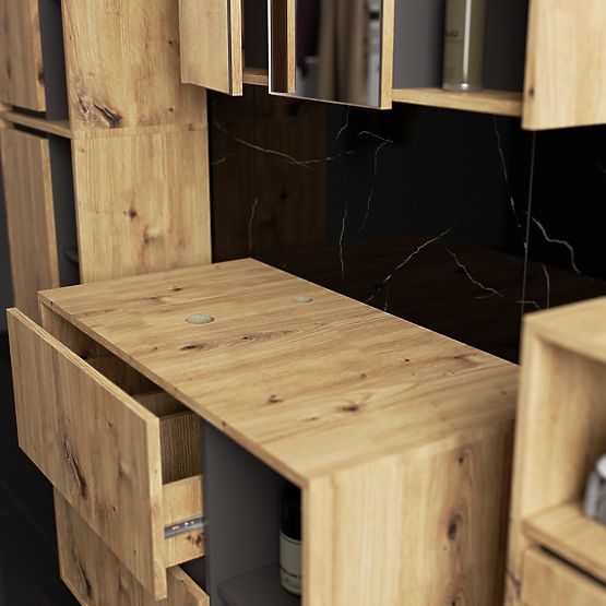 SADA ZÁVĚSNÉHO KOUPELNOVÉHO NÁBYTKU S OTVORY VAMI DUB ARTISAN / GRAFIT ŠEDÝ