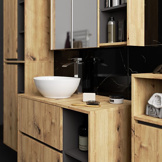 SADA ZÁVĚSNÉHO KOUPELNOVÉHO NÁBYTKU S OTVORY VAMI DUB ARTISAN / GRAFIT ŠEDÝ