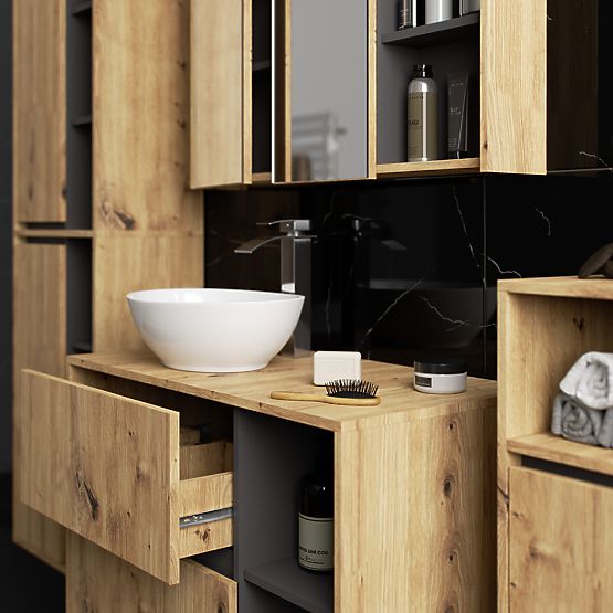 SADA ZÁVĚSNÉHO KOUPELNOVÉHO NÁBYTKU S OTVORY VAMI DUB ARTISAN / GRAFIT ŠEDÝ