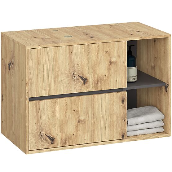 SADA ZÁVĚSNÉHO KOUPELNOVÉHO NÁBYTKU S OTVORY VAMI DUB ARTISAN / GRAFIT ŠEDÝ