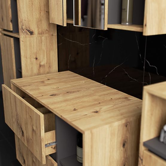 SADA ZÁVĚSNÉHO KOUPELNOVÉHO NÁBYTKU S OTVORY VAMI DUB ARTISAN / GRAFIT ŠEDÝ