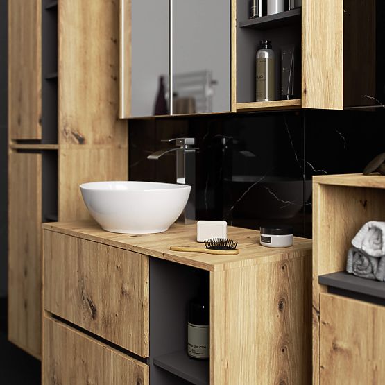 SADA ZÁVĚSNÉHO KOUPELNOVÉHO NÁBYTKU S OTVORY VAMI DUB ARTISAN / GRAFIT ŠEDÝ