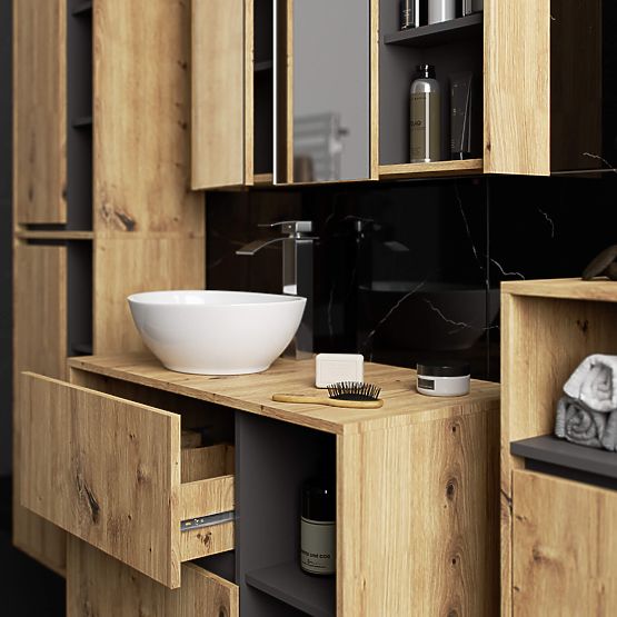 SADA ZÁVĚSNÉHO KOUPELNOVÉHO NÁBYTKU S OTVORY VAMI DUB ARTISAN / GRAFIT ŠEDÝ