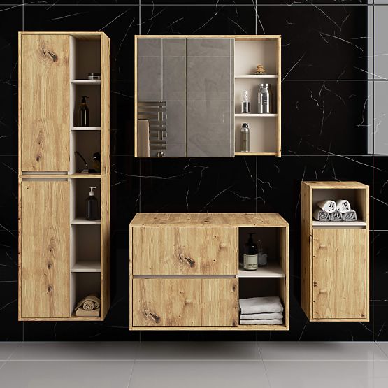 SADA ZÁVĚSNÉHO KOUPELNOVÉHO NÁBYTKU S OTVORY VAMI DUB ARTISAN / KAŠMÍR