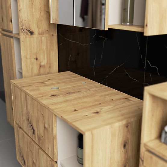 SADA ZÁVĚSNÉHO KOUPELNOVÉHO NÁBYTKU S OTVORY VAMI DUB ARTISAN / KAŠMÍR