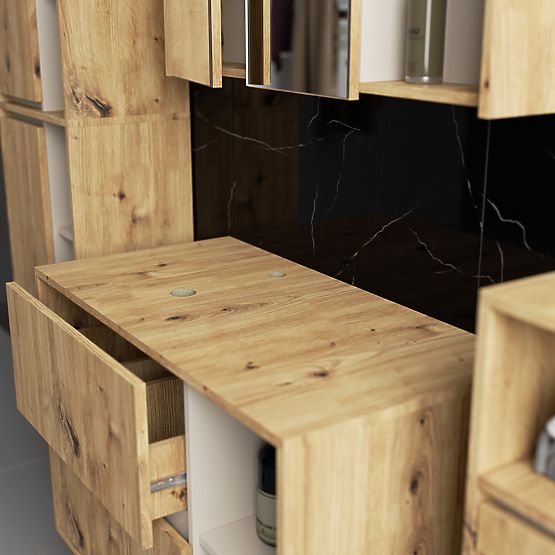 SADA ZÁVĚSNÉHO KOUPELNOVÉHO NÁBYTKU S OTVORY VAMI DUB ARTISAN / KAŠMÍR