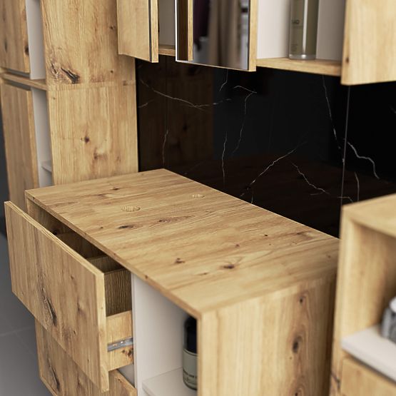 SADA ZÁVĚSNÉHO KOUPELNOVÉHO NÁBYTKU S OTVORY VAMI DUB ARTISAN / KAŠMÍR